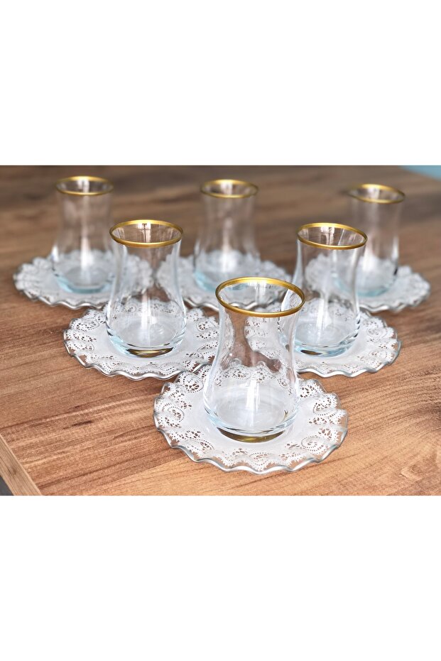 Silver Lace Patterned Curved 6-Person Tea Set 12 Pieces