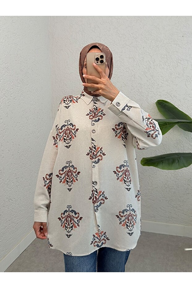 Buttoned Patterned Oversize Linen Tunic - 1