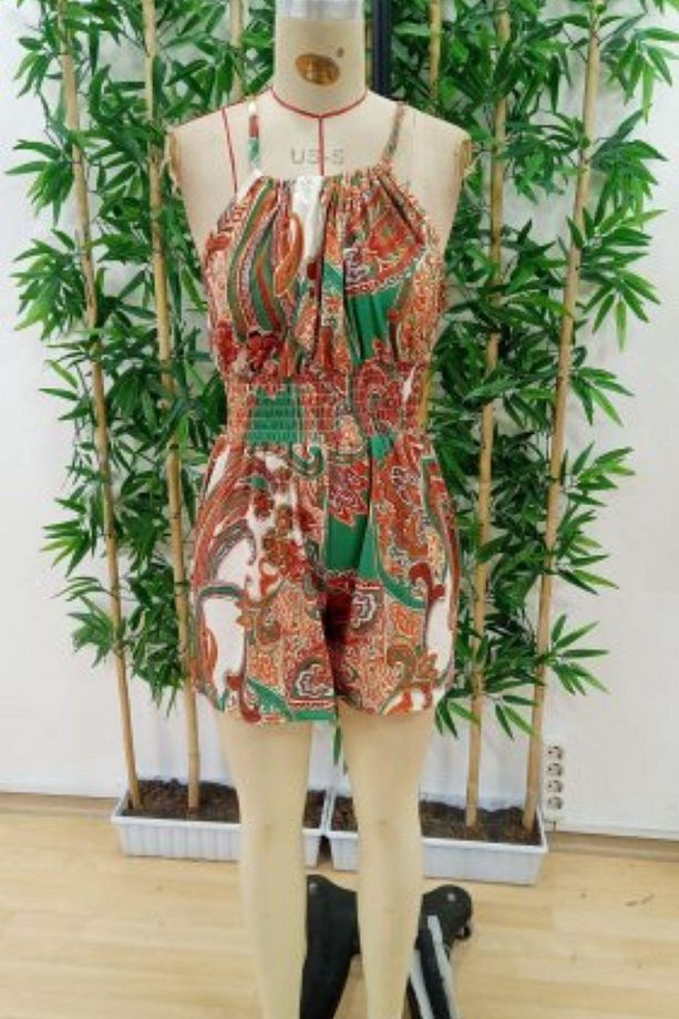Halter Yaka Beli Lastikli Desenli Şort Tulum - Sarı - 4