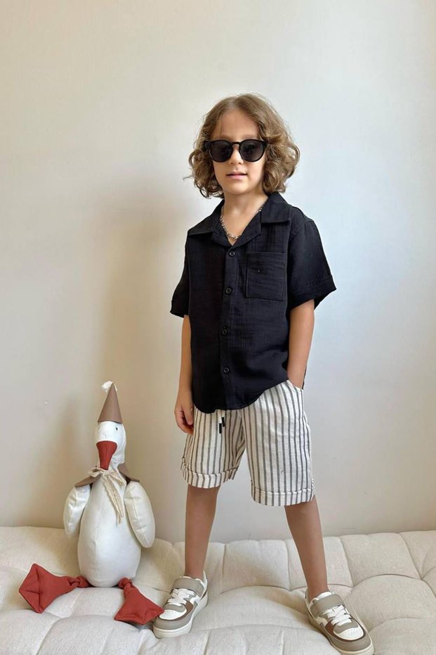 Little Boy's Pimples Boys' Suit with Muslin Pocket Shirt and Striped Shorts - Black