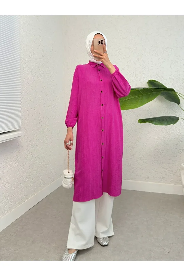 Long Crinkle Tunic with Buttons and Elastic Sleeves - Fuchsia - 1
