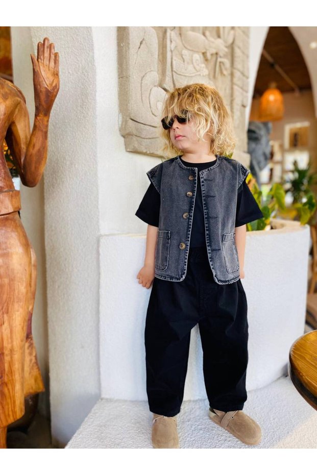 Denim Vest, Black T-Shirt and Anthracite Balloon Pants, Holiday Unisex 3-Piece Set
