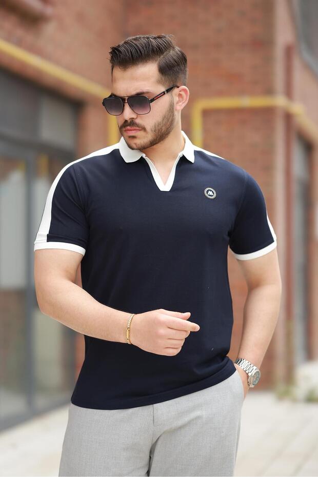 Navy Blue Embroidered V Polo Neck Short Sleeve T-Shirt-2524