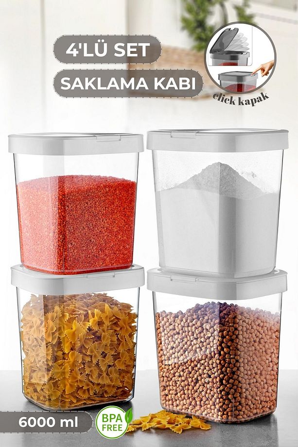 4'lü Mega Un Bakliyat Erzak Kabı - Kilit Kapaklı Deterjanlık Toz Deterjan Saklama Kutusu 4x6 Lt - 1