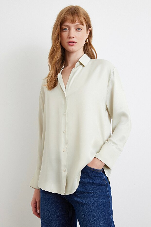 Viskon Saten Gömlek Gri - 1