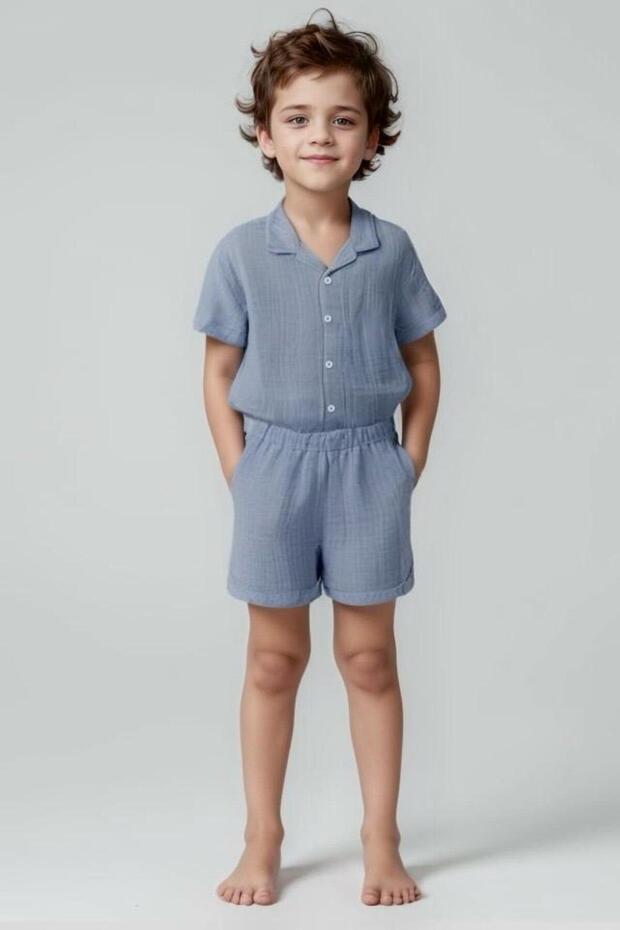 Muslin Blue Grey Color Boy Short Sleeve Shirt Shorts 100% Cotton Bottom Top Twinset