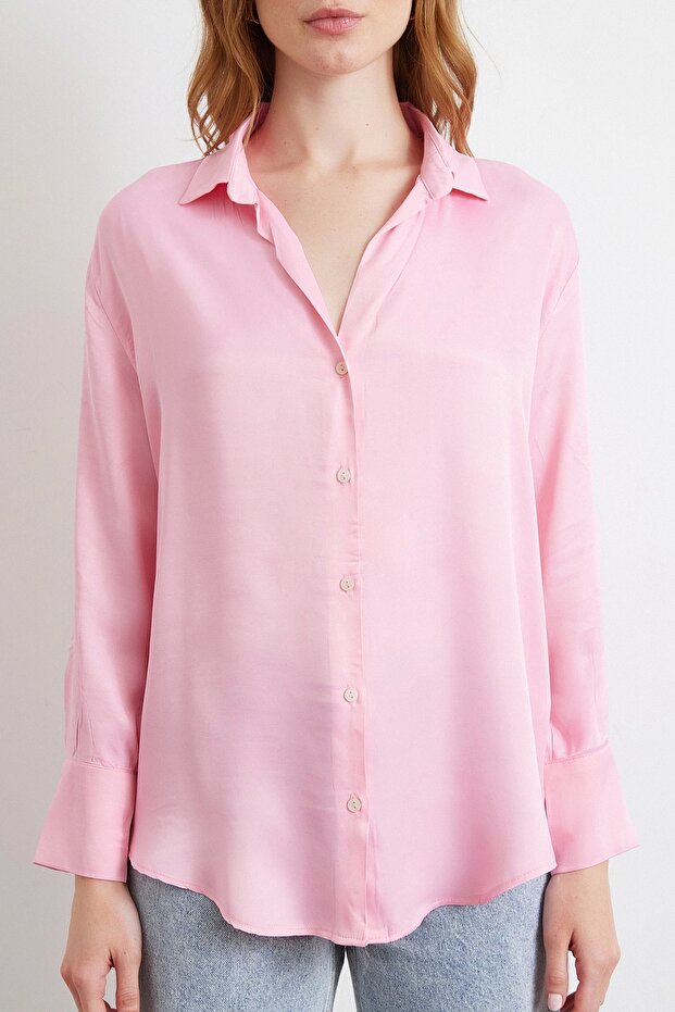Viskon Saten Gömlek Pembe - 4