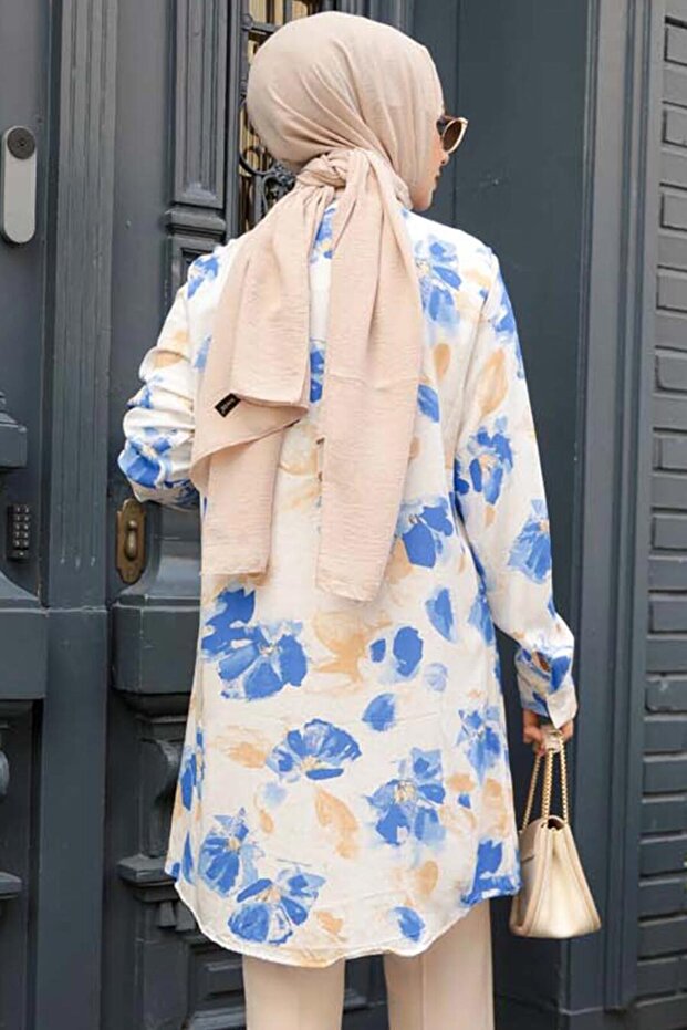 تونيك حجاب منقوش باللون الأزرق - 11697M - 3