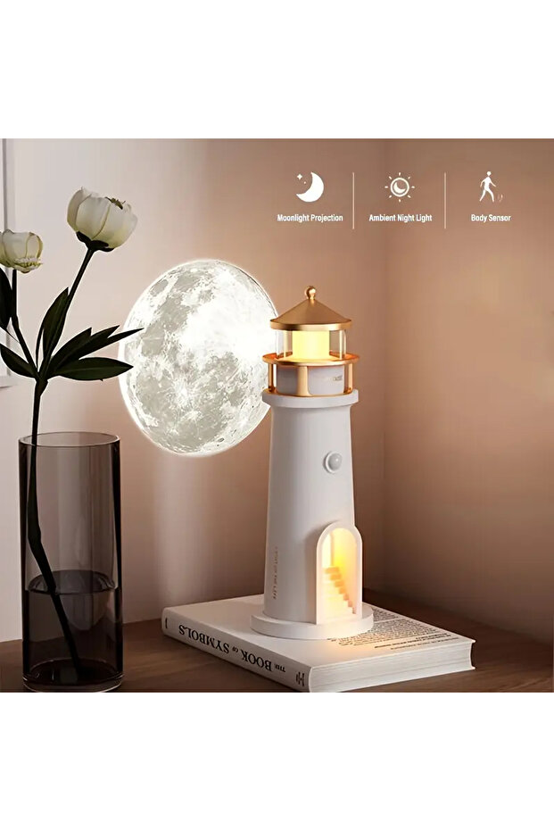 Deniz Feneri Gece Lambası Ay Yansıtmalı Hoparlörlü Şarj Edilebilir LED Estetik Masa Lambası - 8