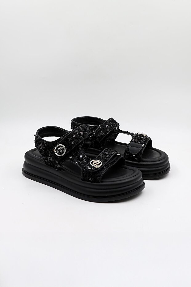 İthal Kadın Taşlı Pullu Sandalet KB0100 Siyah - 2