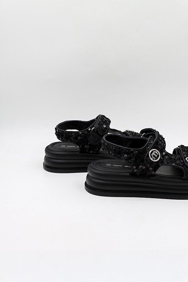 İthal Kadın Taşlı Pullu Sandalet KB0100 Siyah - 4