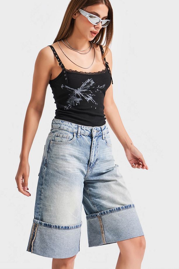 Kadın T.Kot Rengi 4s5-75 Paça Detaylı Maxi Boy %100 Koton Denim Bermuda Şort - 5