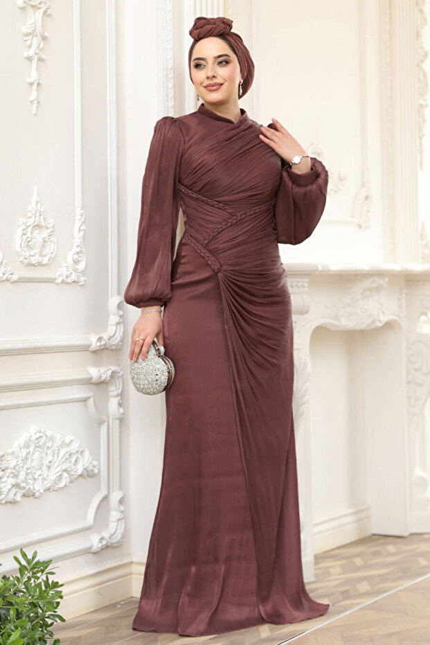 فستان سهرة حجاب بني مزين 50781KH