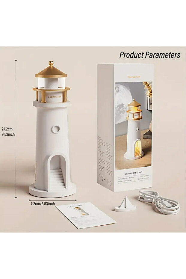 Deniz Feneri Gece Lambası Ay Yansıtmalı Hoparlörlü Şarj Edilebilir LED Estetik Masa Lambası - 7