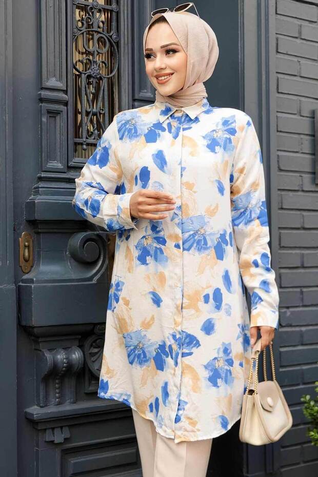 تونيك حجاب منقوش باللون الأزرق - 11697M - 1