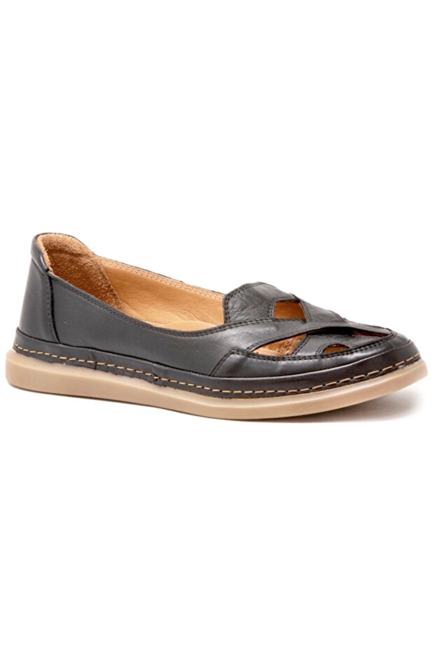 D25Ya-0350 Black Skin Leather Comfort Women's Ballerinas