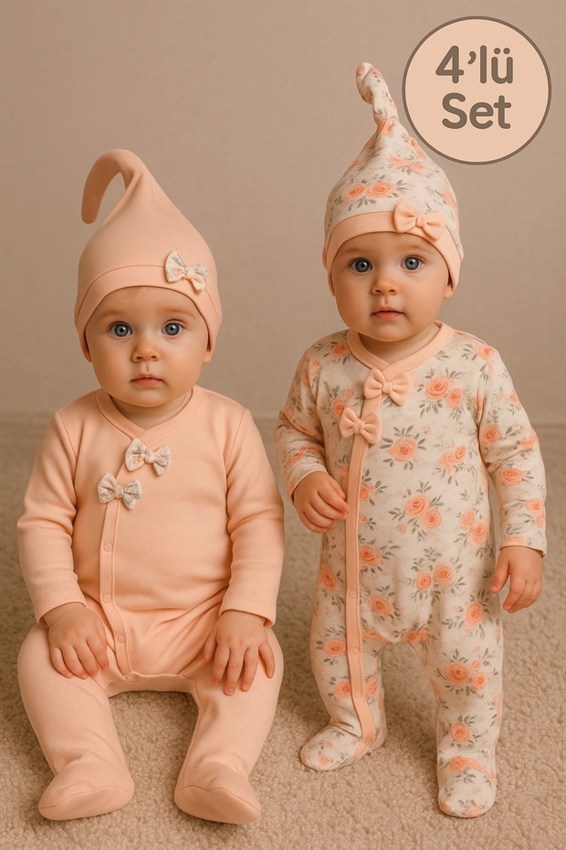 Babydonat Fiyonklu Çiçek Desenli Kız Bebek 4'lü Tulum Seti %100 Pamuk
