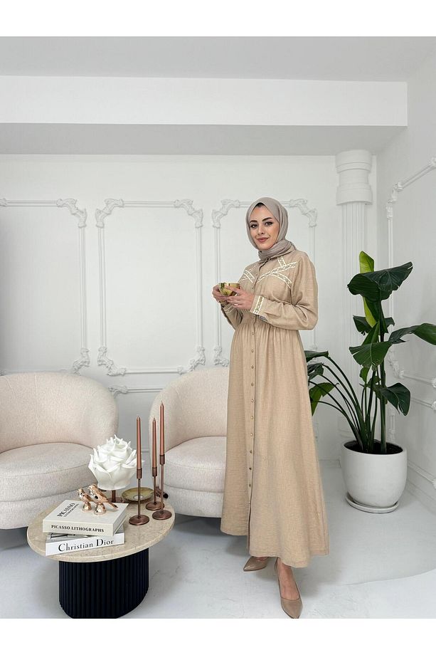 ŞERİT DETAYLI KETEN ELBİSE - 1