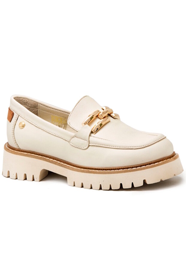 D25Ya-03695 Cream Skin Leather Women's Loafer Shoes