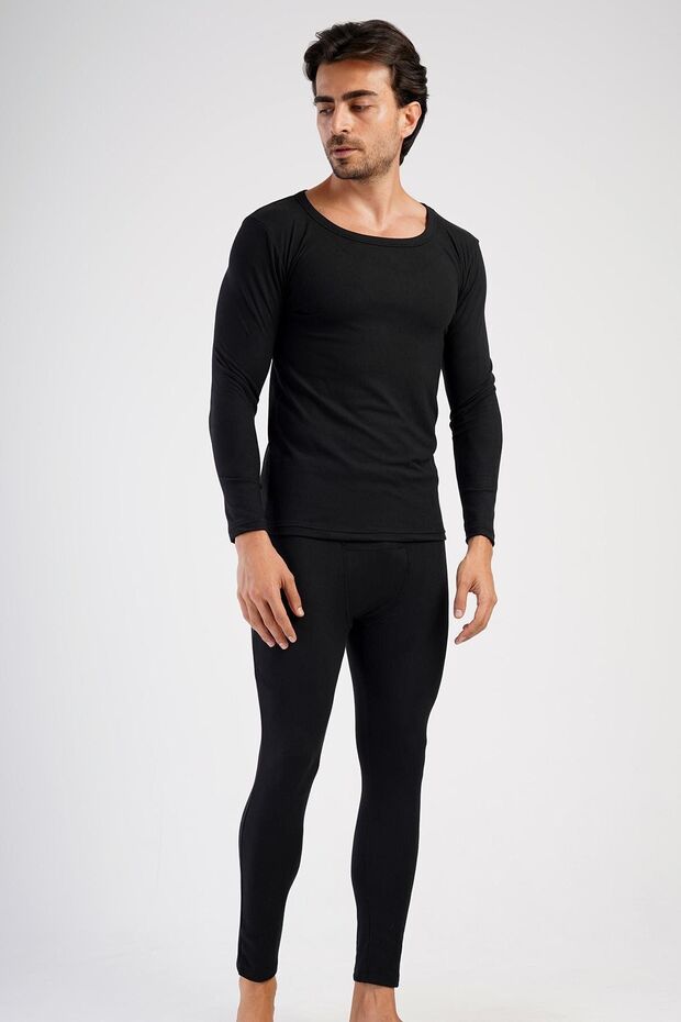 Men's Long Sleeve Boat Neck Thermal Underwear Set 405158 Black
