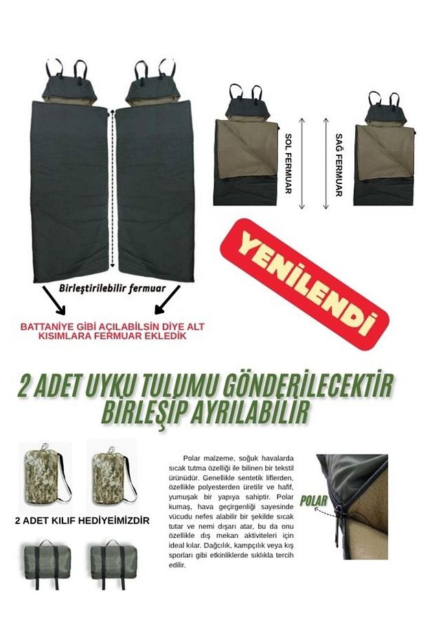 Çift Kişilik 2'li Birleşip Ayrılabilir Haki Uyku Tulumu (-25) Mikro Su Itici Kamp (2.15×1.50) - 1