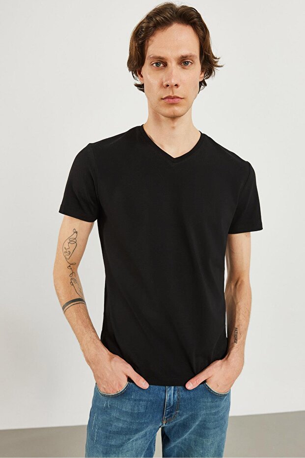 Erkek Nick Siyah V Yaka Slim Fit Basic Tişört - 1