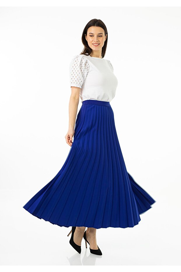 Cobalt Blue Maxi Length Pleated Skirt with Elastic Waist