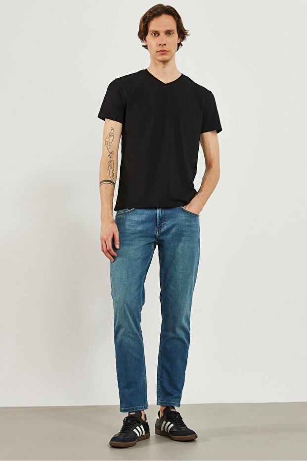 Erkek Nick Siyah V Yaka Slim Fit Basic Tişört - 7