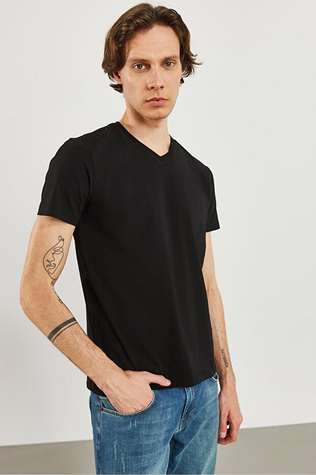 Erkek Nick Siyah V Yaka Slim Fit Basic Tişört - 2