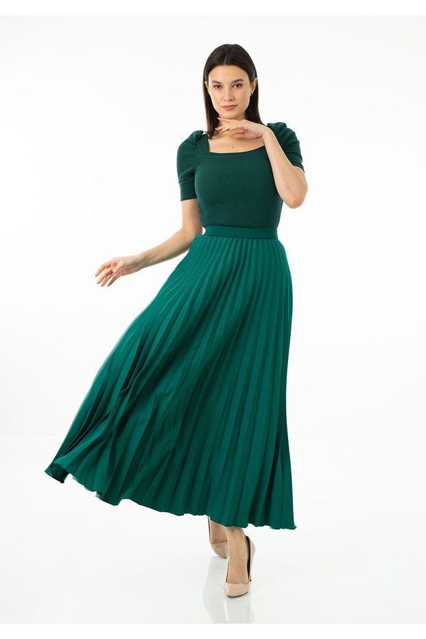 Green Maxi Length Elastic Waist Pleated Skirt