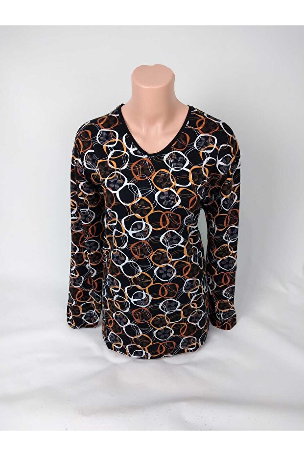 Women's Black Orange U-Neck Long Sleeve Patterned Slit Woven Viscose Mother Combed Cotton T-Shirt