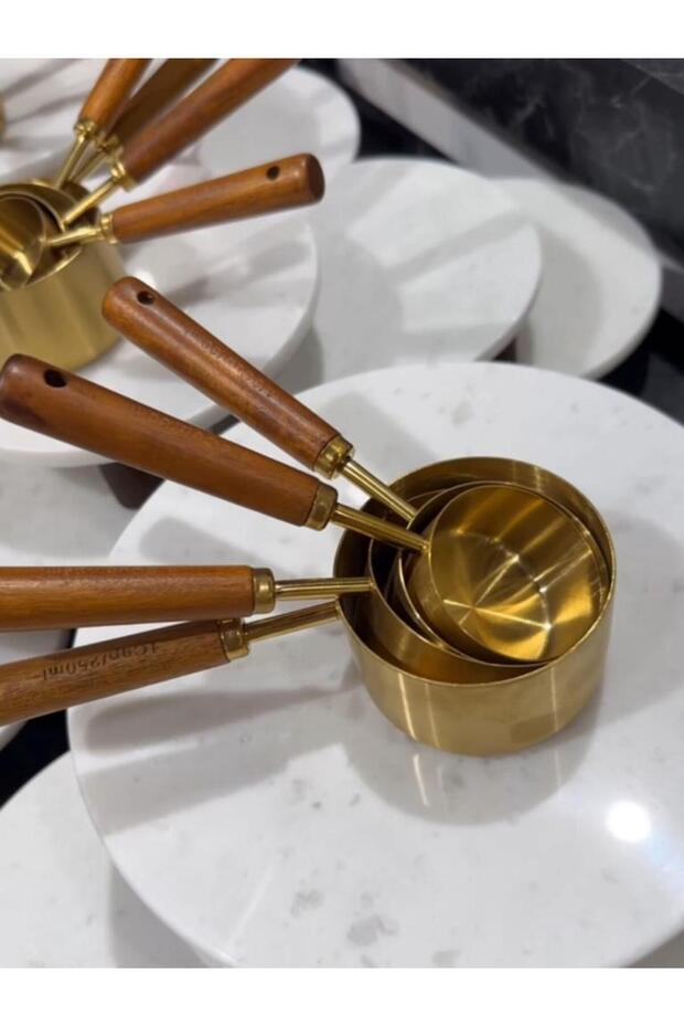 Gold Measuring Spoon Set of 4 Wooden Handle Measuring Spoon 60Ml/80Ml/125Ml/250Ml - 1