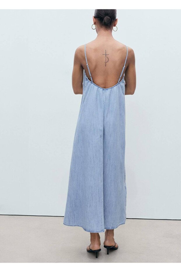 Askılı denim elbise - 4