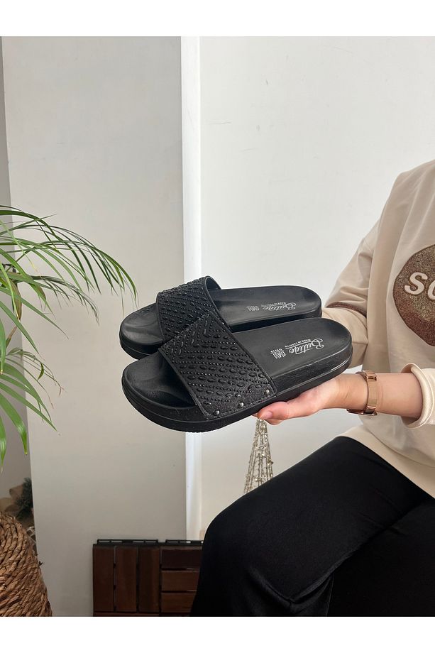 Siyah Simli Taşlı Ortopedik Yumuşak Tabanlı Konfor Modeli Terlik Günlük Rahat Terlik - 1