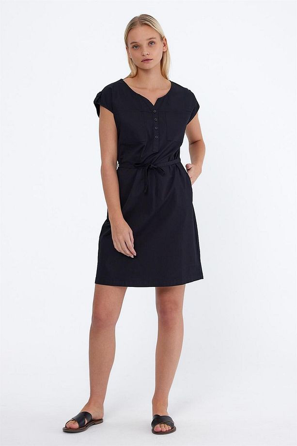 Riva Önü Düğmeli Regular Fit Gabardin Elbise - Siyah - 1