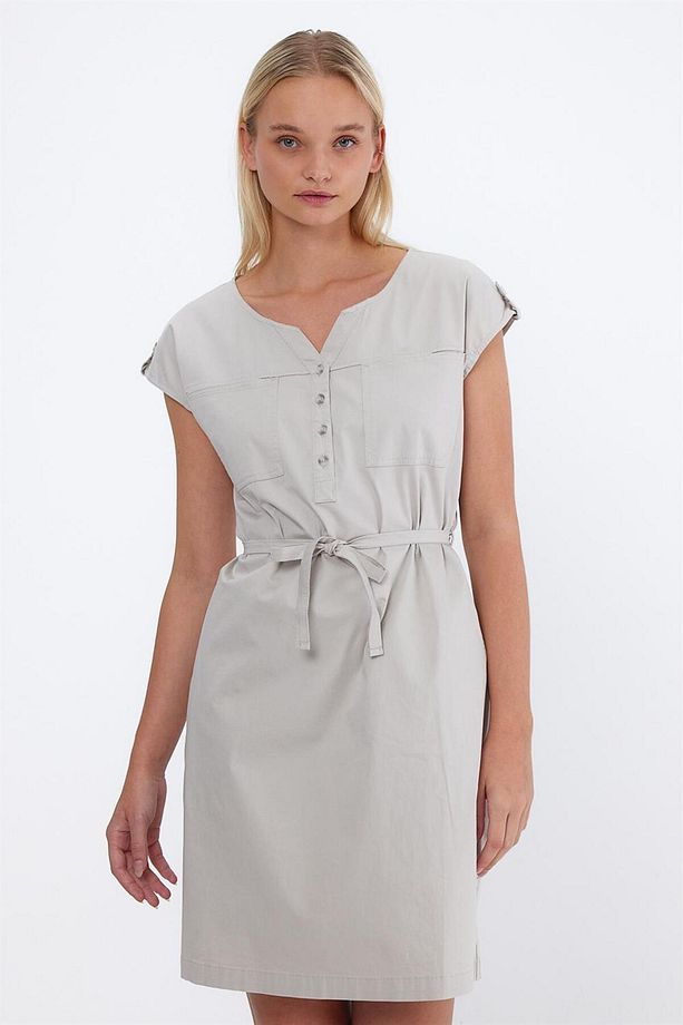 Riva Önü Düğmeli Regular Fit Gabardin Elbise - Taş - 7