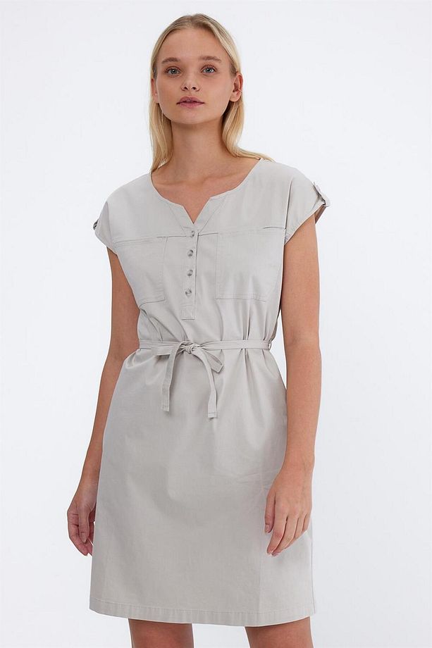 Riva Önü Düğmeli Regular Fit Gabardin Elbise - Taş - 8