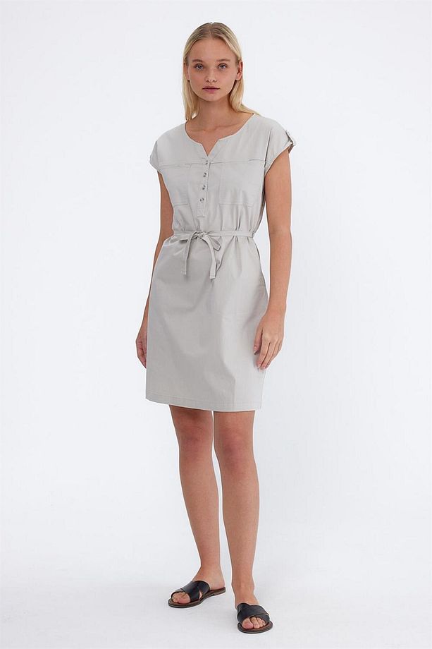 Riva Önü Düğmeli Regular Fit Gabardin Elbise - Taş - 5