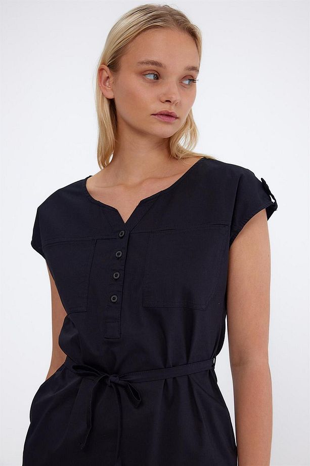 Riva Önü Düğmeli Regular Fit Gabardin Elbise - Siyah - 7