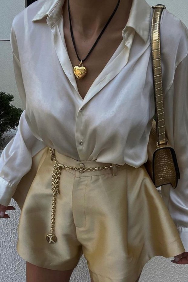 Women's Cream Stylish and Casual Long Sleeve Slim Fit Buttoned Satin Shirt