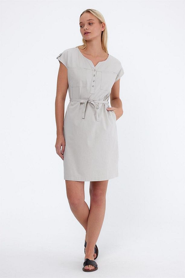 Riva Önü Düğmeli Regular Fit Gabardin Elbise - Taş - 4