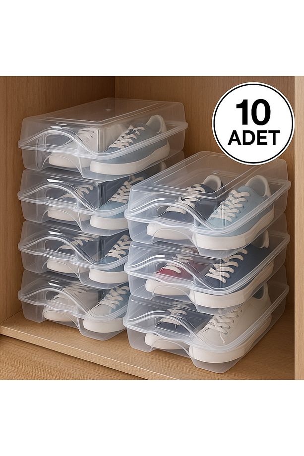 ( 10 Adet ) Kadın Ayakkabı Kutusu Şeffaf Ayakkabı Düzenleyici Saklama Kutusu Organizer Seyahat Tipi - 6