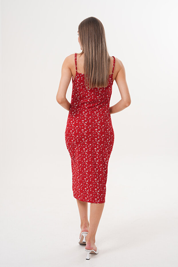 Kadın Kırmızı Çiçekli Yırtmaçlı Yazlık Örme Elbise - 8