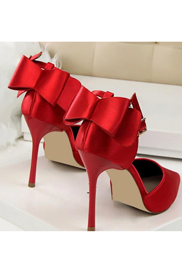 Bow Detailed Red Satin Heeled Shoes 10.5 Cm-Felisyabutik