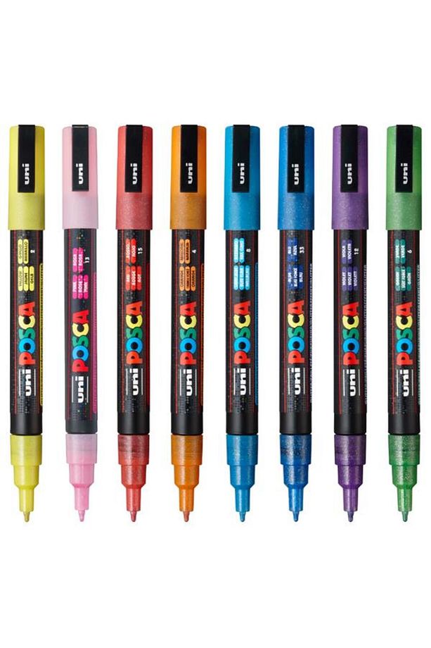 Uni Posca Su Bazlı Marker Seti 8li Simli Renkler 0.9mm 1.3mm Pc3ml - 3