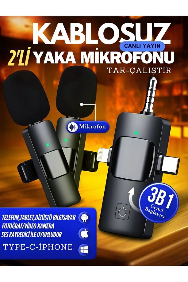 2'li Kablosuz Yaka Mikrofonu Type-C iPhone Girişli Telefon Uyumlu Wireless Mikrofon Canlı Yayın - 1