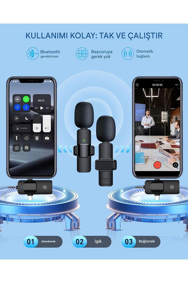 2'li Kablosuz Yaka Mikrofonu Type-C iPhone Girişli Telefon Uyumlu Wireless Mikrofon Canlı Yayın - 4