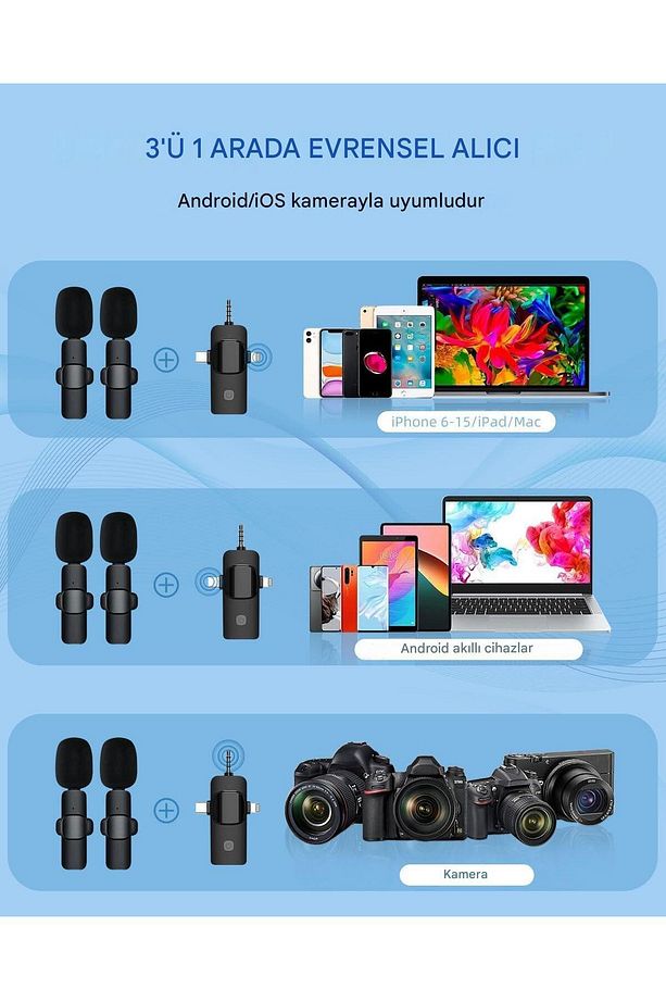 2'li Kablosuz Yaka Mikrofonu Type-C iPhone Girişli Telefon Uyumlu Wireless Mikrofon Canlı Yayın - 8