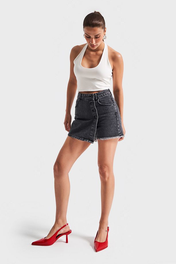 Kadın Gri Renk Önü Düğmeli Denim Şort Etek - 6