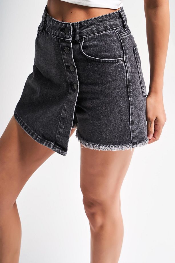 Kadın Gri Renk Önü Düğmeli Denim Şort Etek - 5